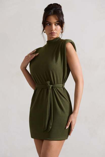 Asher Olive High-Neck Mini Dress With Tie Waist-Fashionmomo.All Rights Reserved