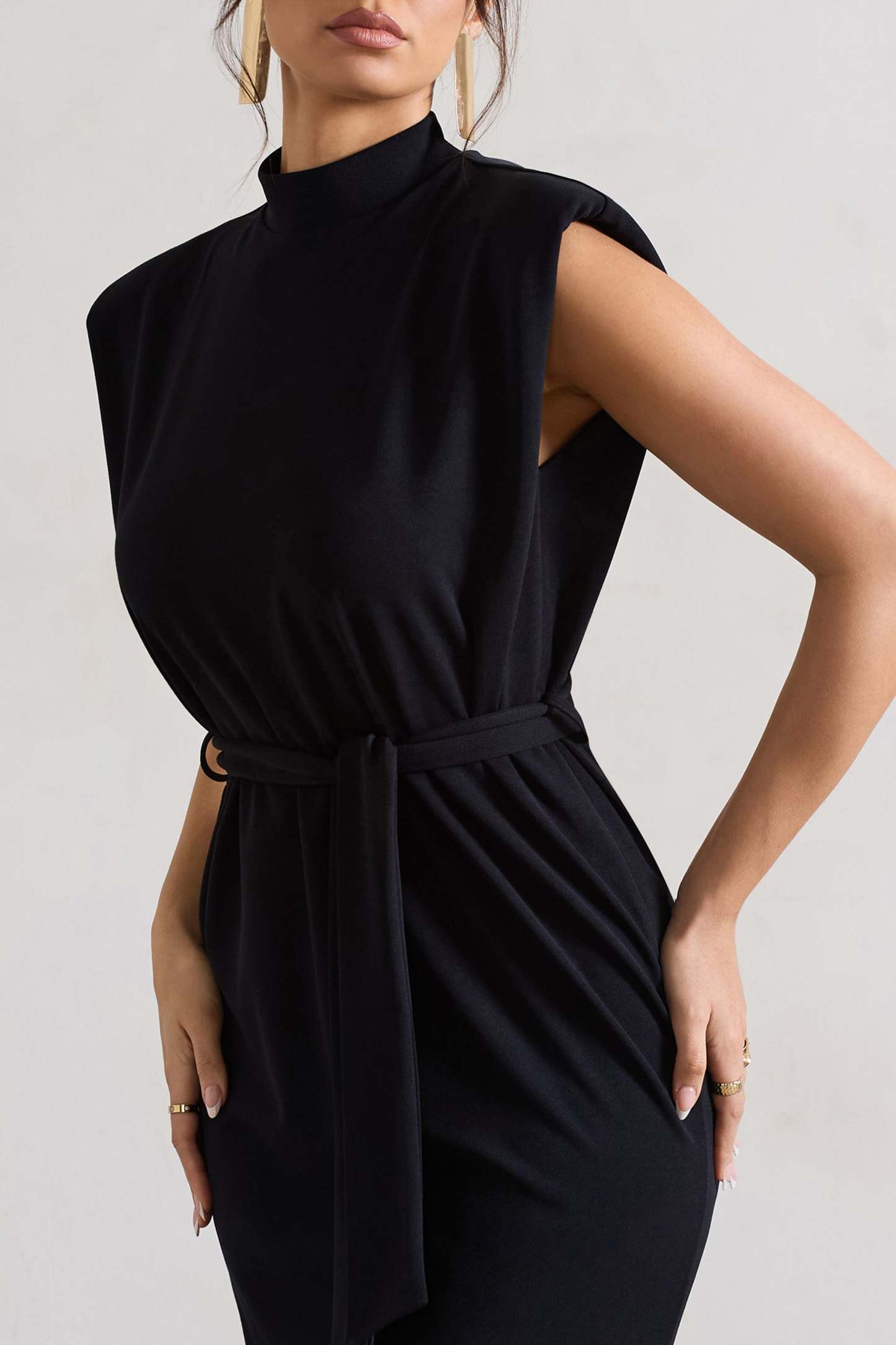 Abbie Black High-Neck Maxi Dress With Tie Waist-Fashionmomo.All Rights Reserved