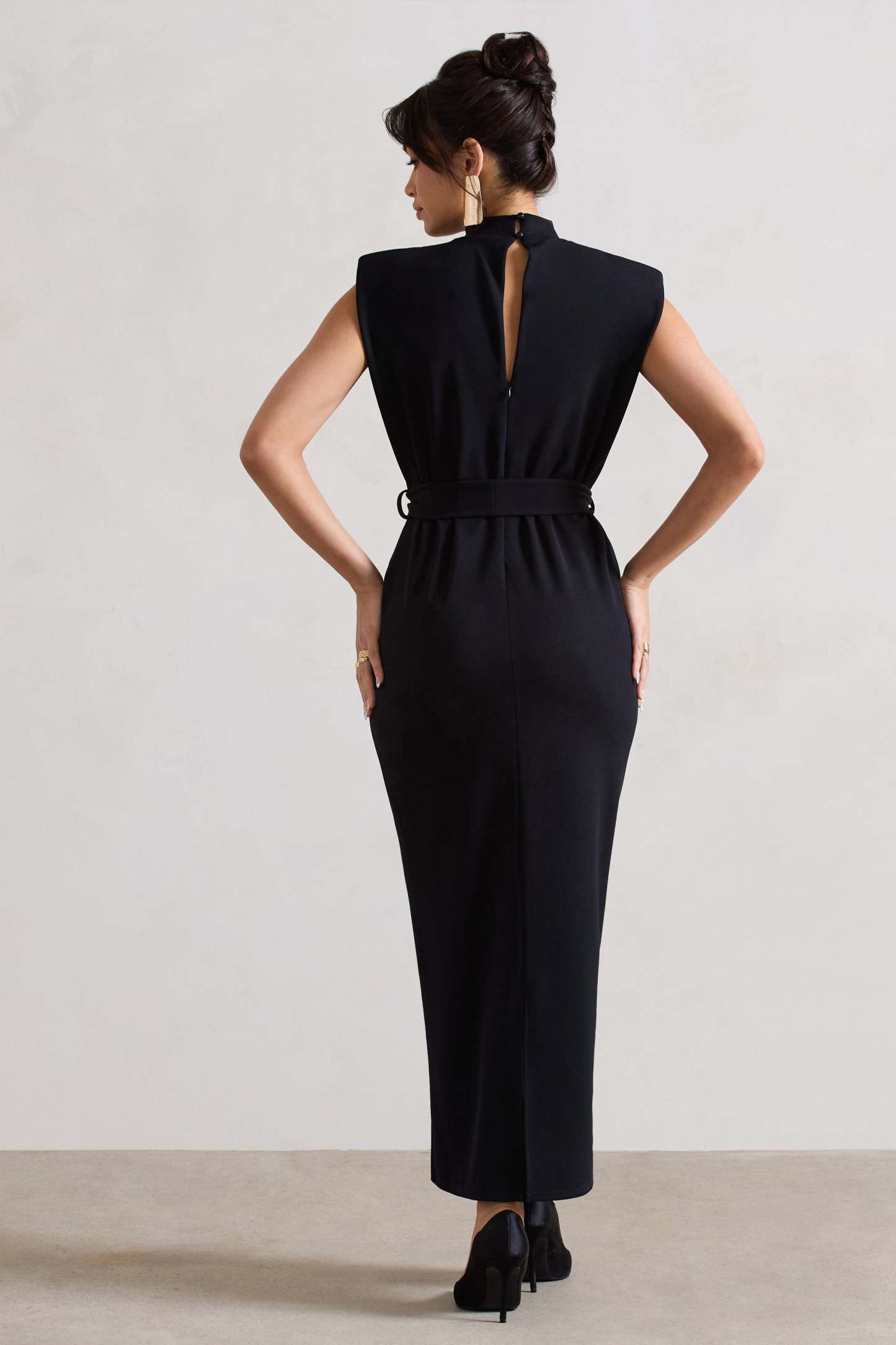Abbie Black High-Neck Maxi Dress With Tie Waist-Fashionmomo.All Rights Reserved
