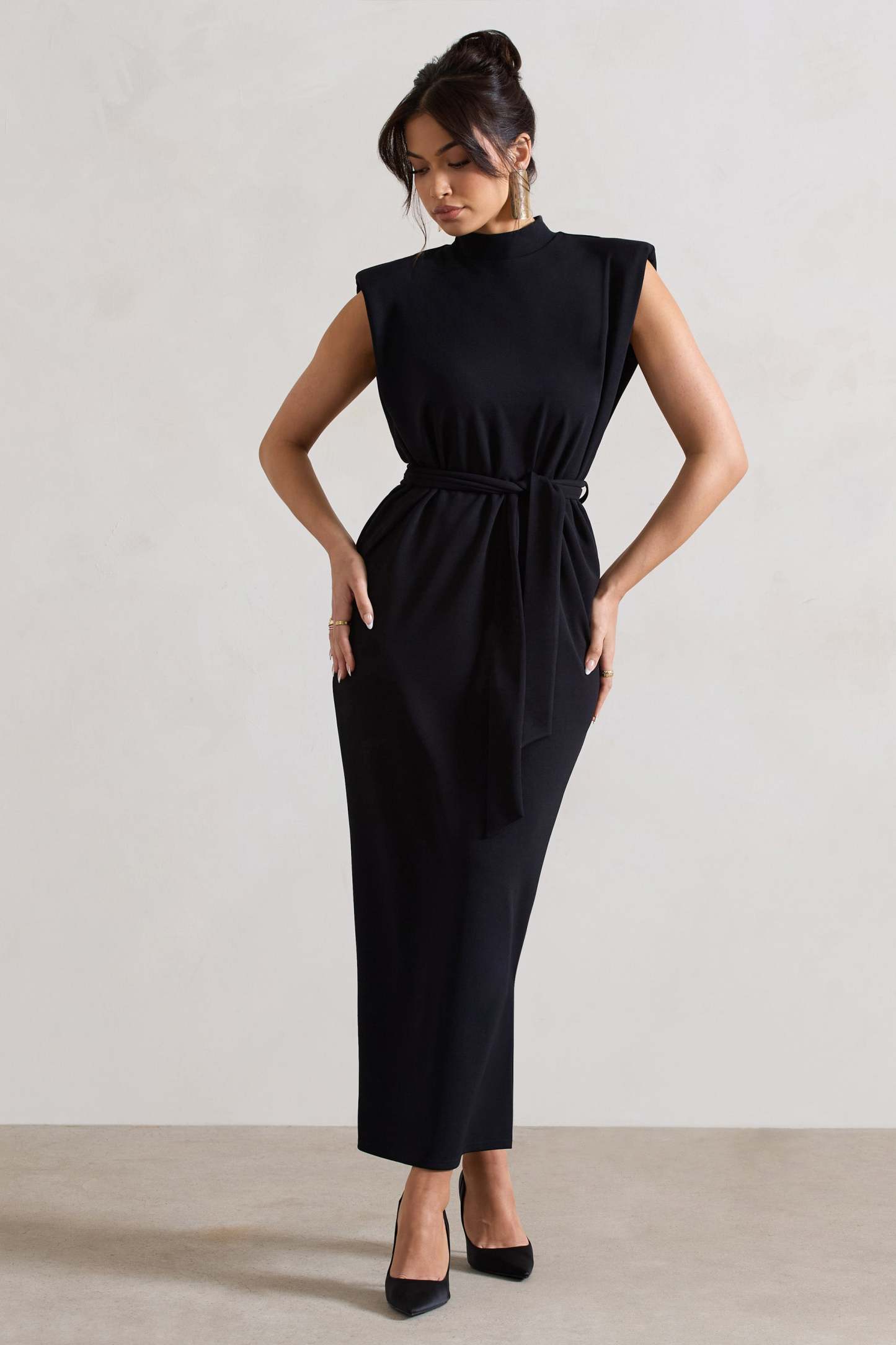 Abbie Black High-Neck Maxi Dress With Tie Waist-Fashionmomo.All Rights Reserved