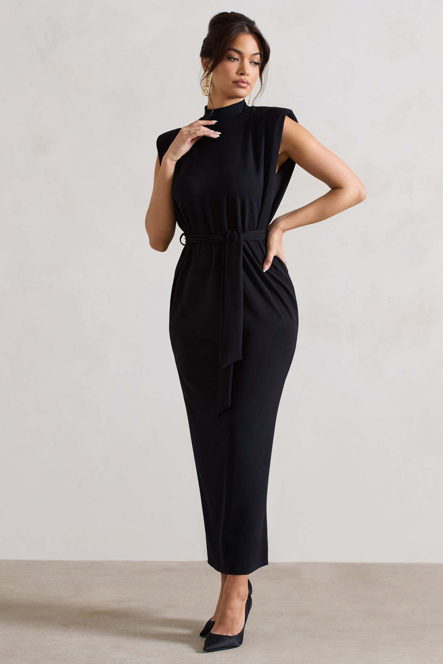Abbie Black High-Neck Maxi Dress With Tie Waist-Fashionmomo.All Rights Reserved
