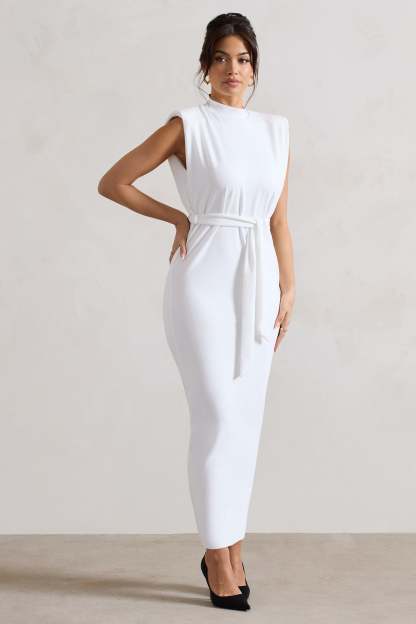 Abbie Ecru High-Neck Maxi Dress With Tie Waist-Fashionmomo.All Rights Reserved