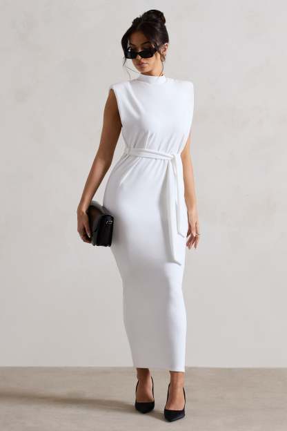 Abbie Ecru High-Neck Maxi Dress With Tie Waist-Fashionmomo.All Rights Reserved