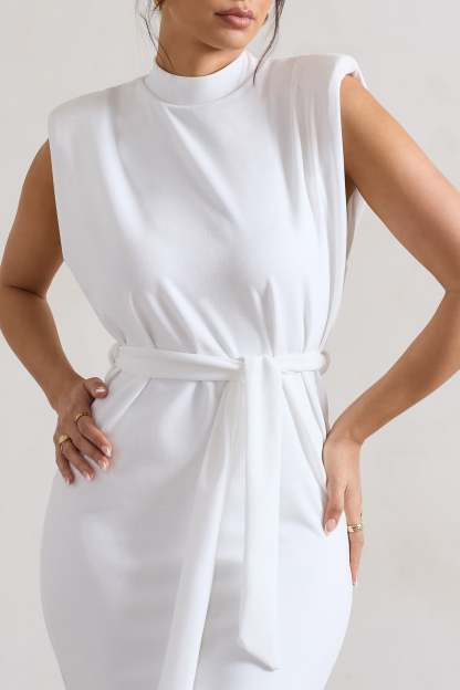 Abbie Ecru High-Neck Maxi Dress With Tie Waist-Fashionmomo.All Rights Reserved