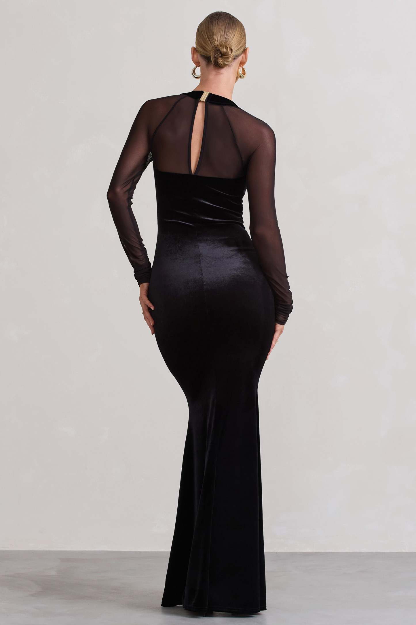 Apres Black Velvet Bodycon Split Maxi Dress With Sheer Sleeves-Fashionmomo.All Rights Reserved