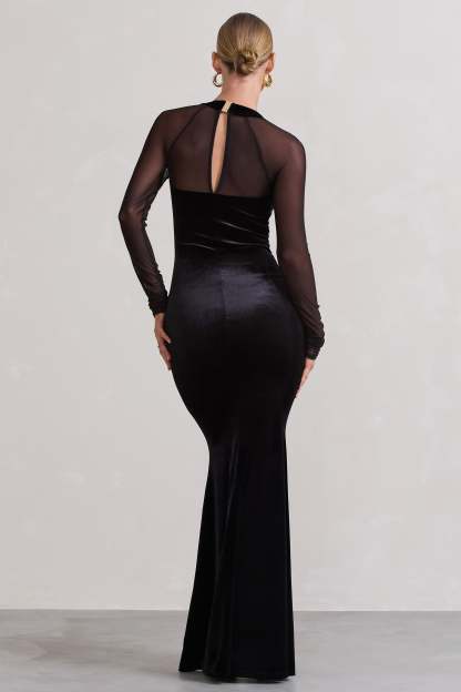 Apres Black Velvet Bodycon Split Maxi Dress With Sheer Sleeves-Fashionmomo.All Rights Reserved