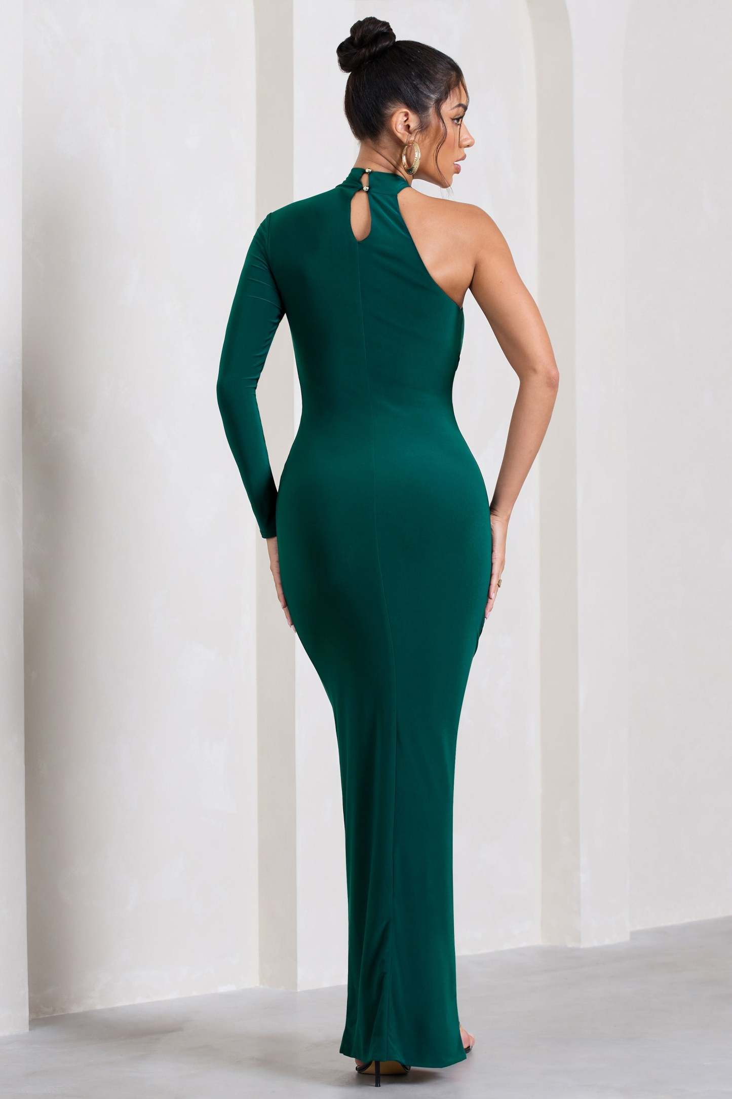 Alina Bottle Green Ruched High-Neck Asymmetric Split Maxi Dress-Fashionmomo.All Rights Reserved