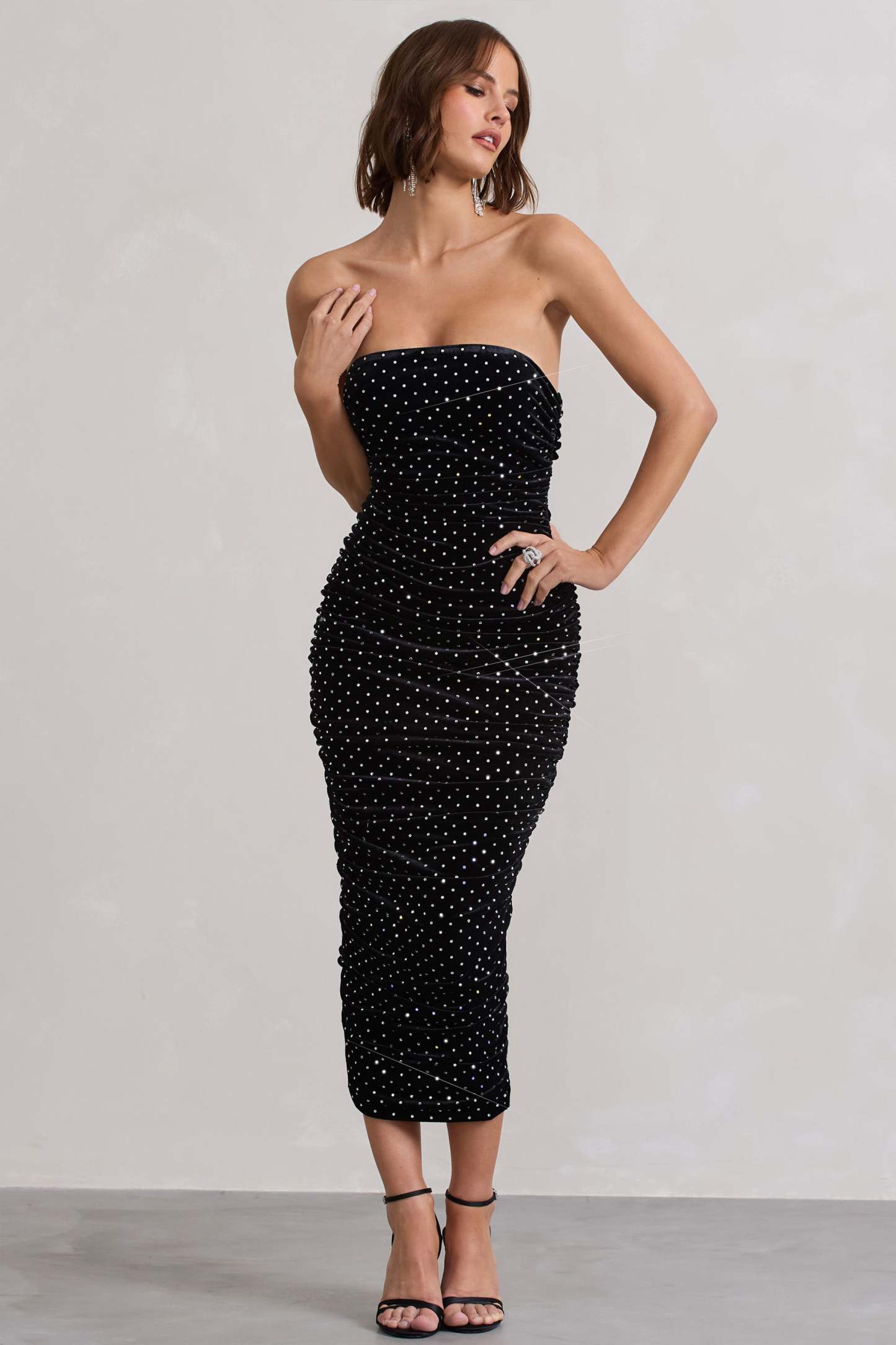 In A Daze Black Bodycon Embellished Strapless Midi Dress-Fashionmomo.All Rights Reserved
