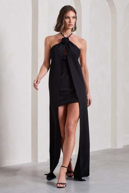 Enigmatic Black Halter-Neck Draped Mini Dress With Floral Corsage-Fashionmomo.All Rights Reserved