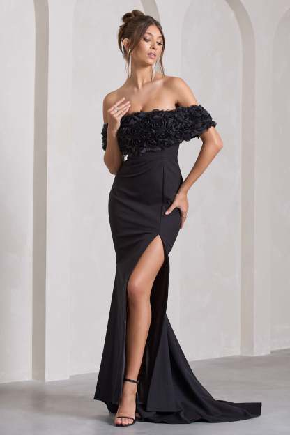 Amanza Black Bardot Split Fishtail Maxi Dress With Flowers-Fashionmomo.All Rights Reserved