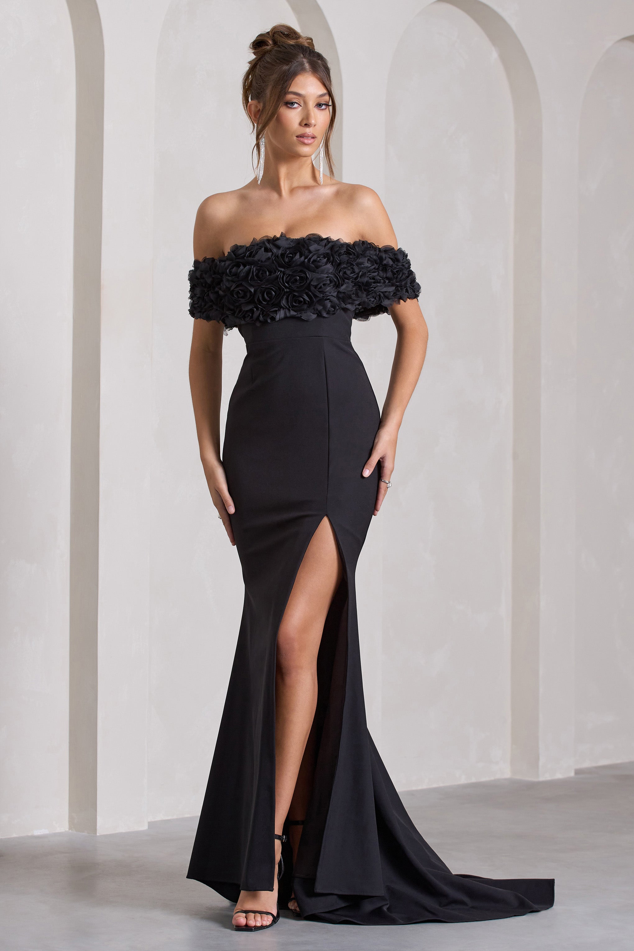 Amanza Black Bardot Split Fishtail Maxi Dress With Flowers-Fashionmomo.All Rights Reserved