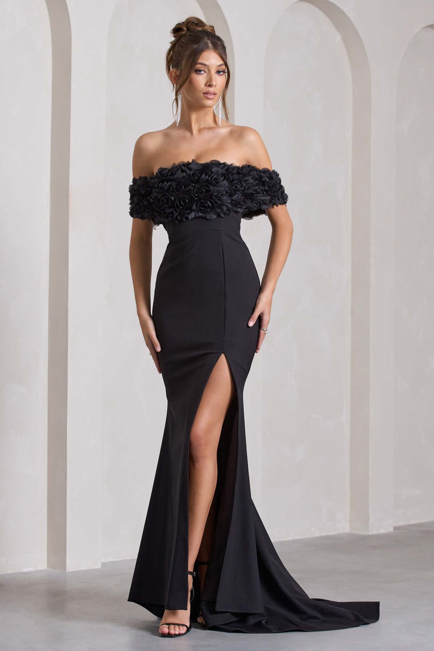 Amanza Black Bardot Split Fishtail Maxi Dress With Flowers-Fashionmomo.All Rights Reserved