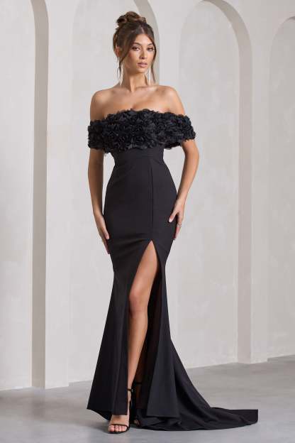 Amanza Black Bardot Split Fishtail Maxi Dress With Flowers-Fashionmomo.All Rights Reserved