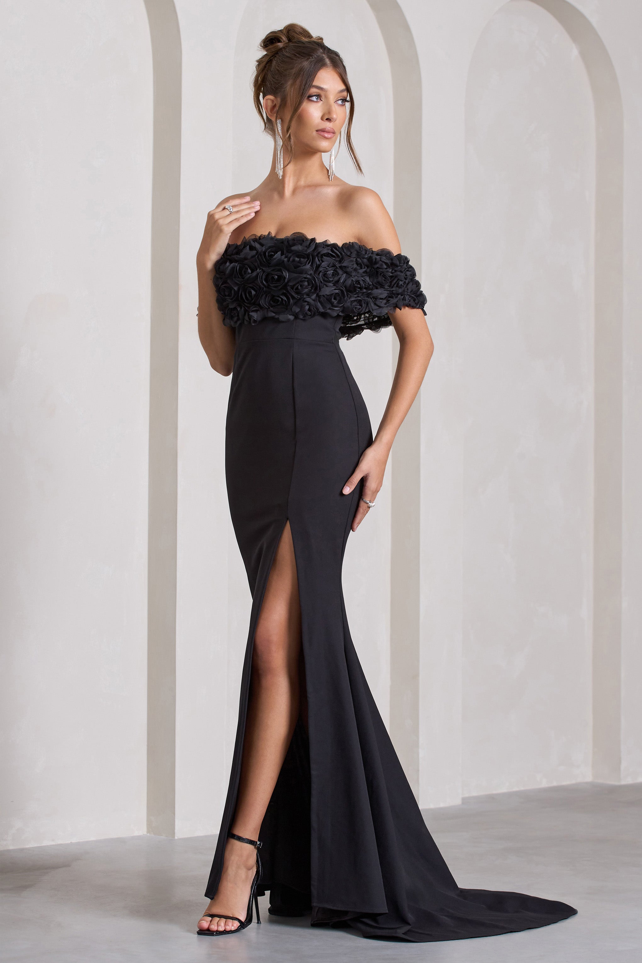 Amanza Black Bardot Split Fishtail Maxi Dress With Flowers-Fashionmomo.All Rights Reserved