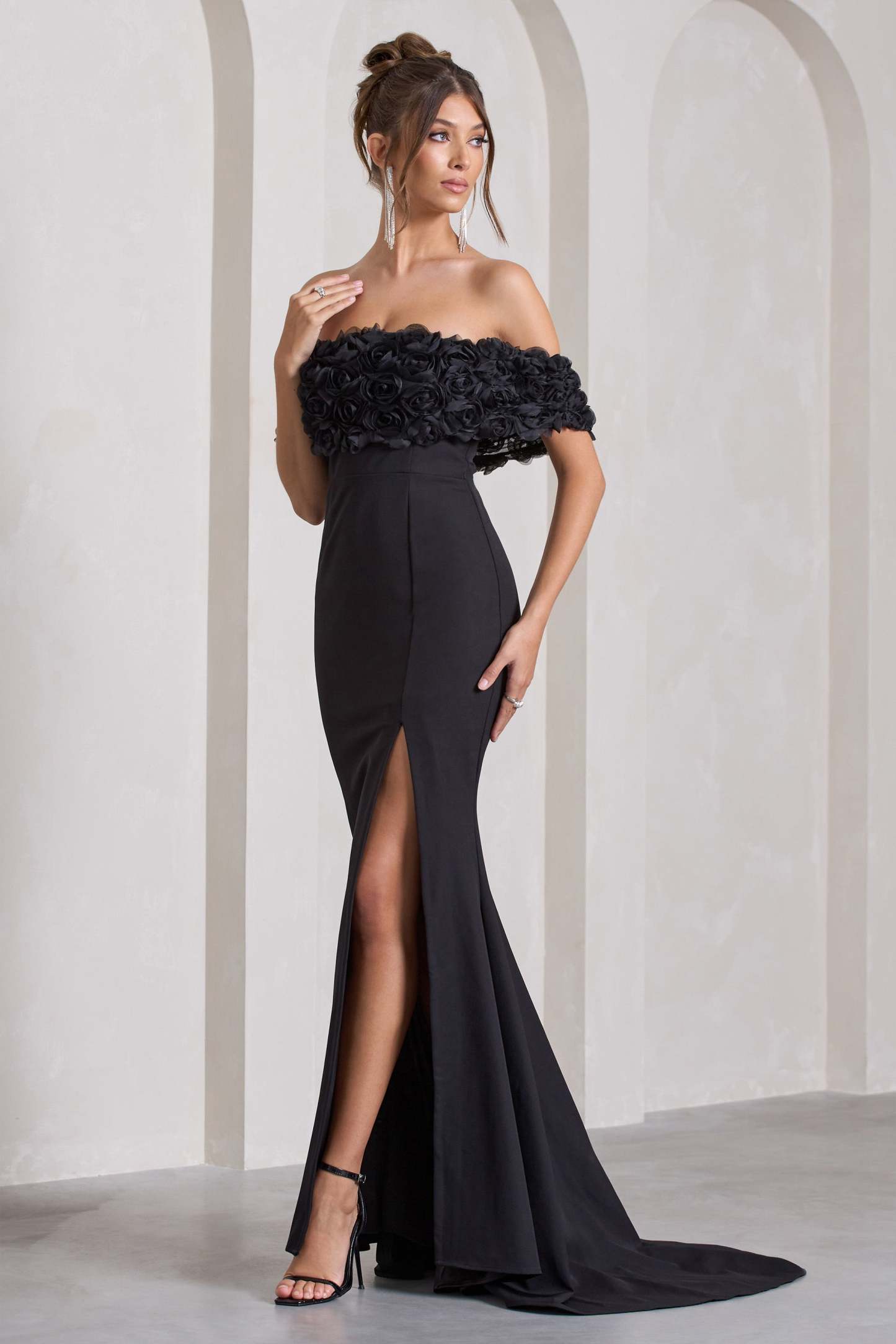 Amanza Black Bardot Split Fishtail Maxi Dress With Flowers-Fashionmomo.All Rights Reserved