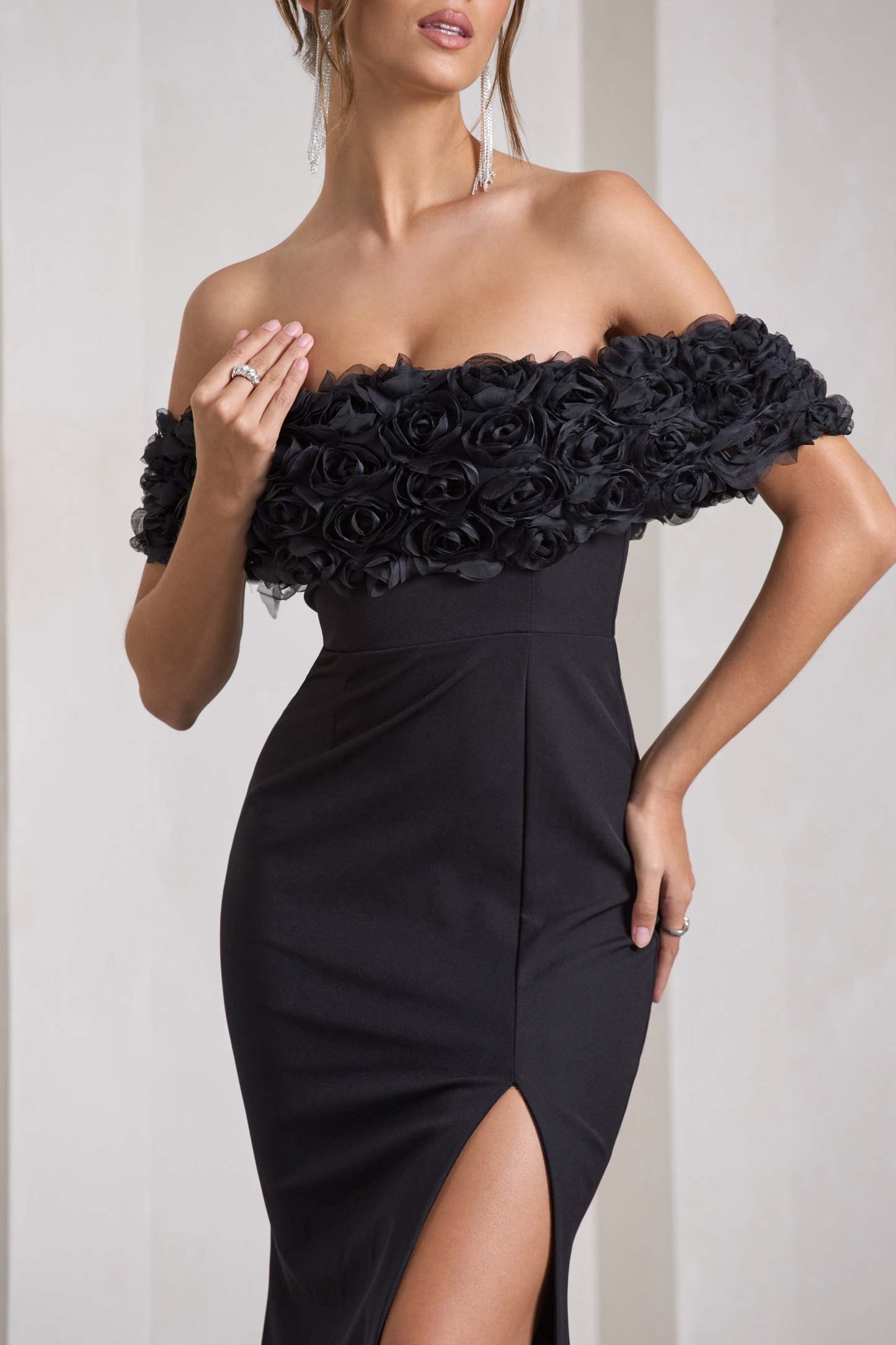 Amanza Black Bardot Split Fishtail Maxi Dress With Flowers-Fashionmomo.All Rights Reserved