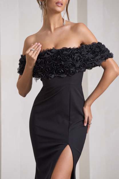 Amanza Black Bardot Split Fishtail Maxi Dress With Flowers-Fashionmomo.All Rights Reserved