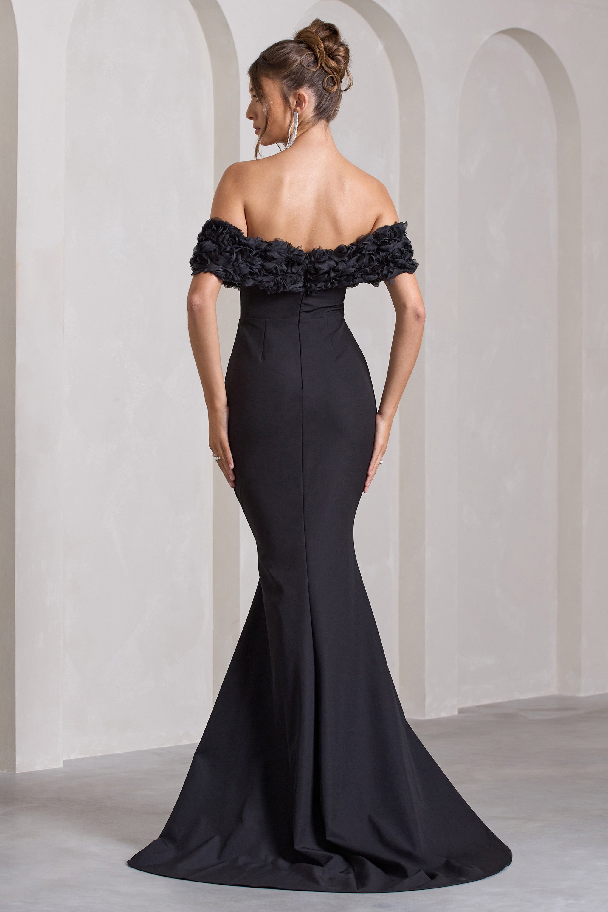 Amanza Black Bardot Split Fishtail Maxi Dress With Flowers-Fashionmomo.All Rights Reserved