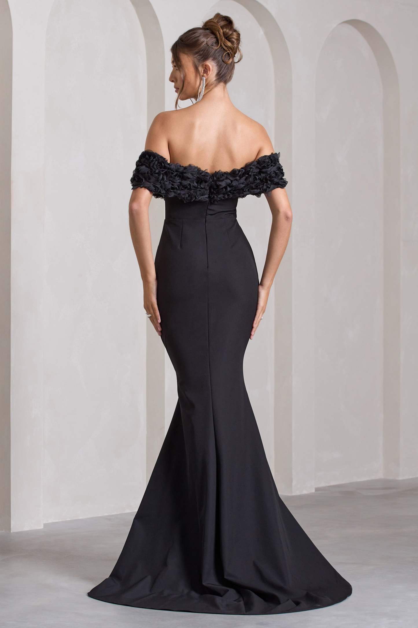 Amanza Black Bardot Split Fishtail Maxi Dress With Flowers-Fashionmomo.All Rights Reserved