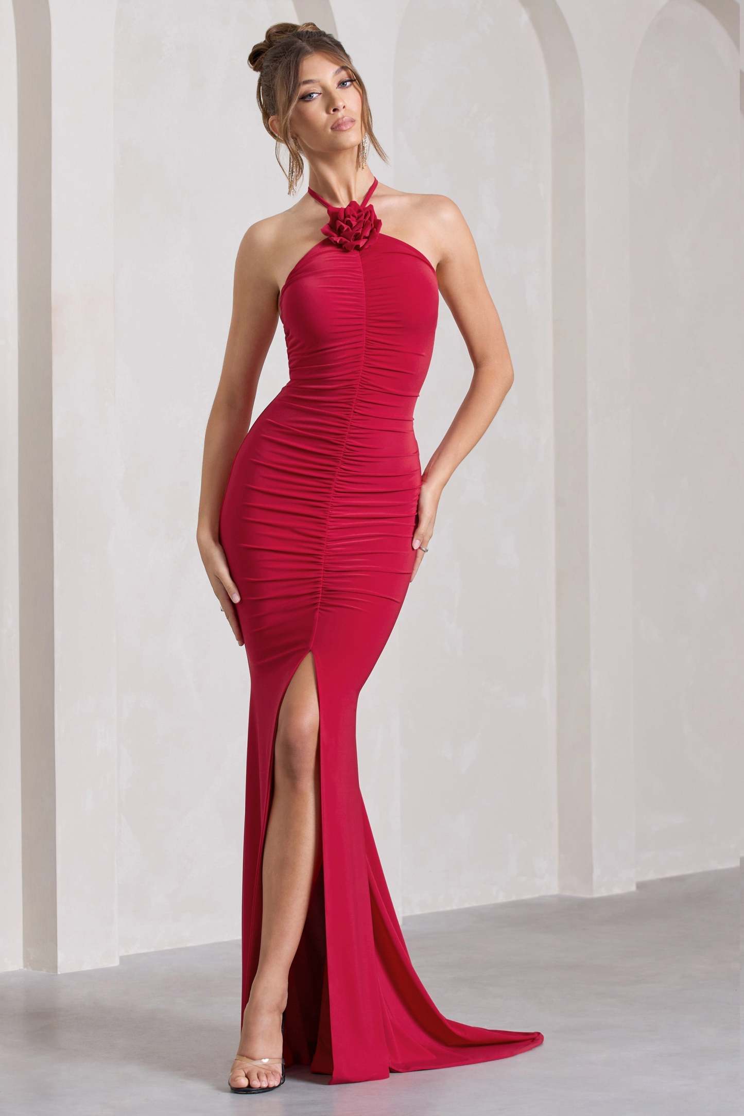 Holly Red Ruched Halter-Neck Split Fishtail Maxi Dress-Fashionmomo.All Rights Reserved