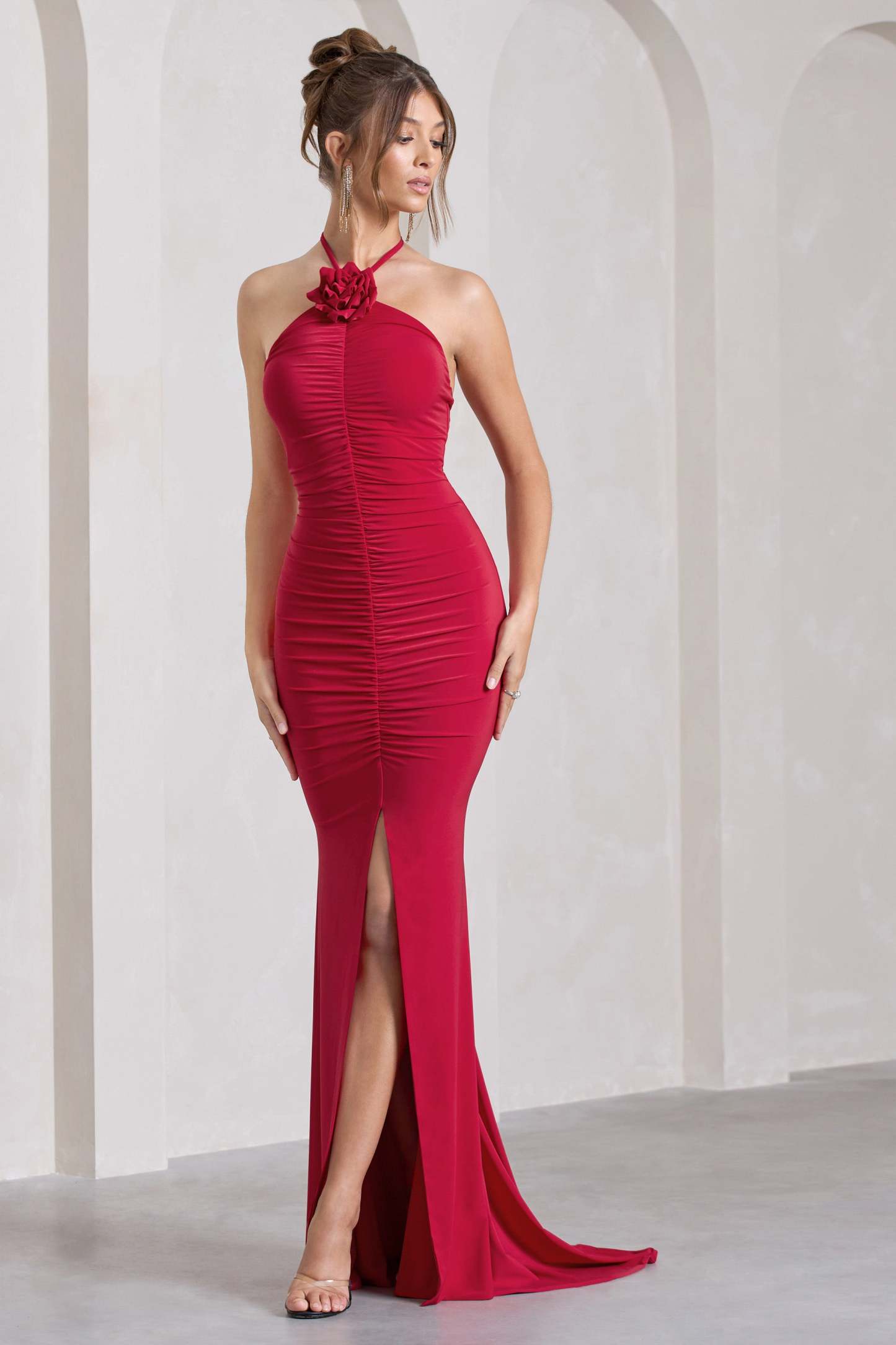 Holly Red Ruched Halter-Neck Split Fishtail Maxi Dress-Fashionmomo.All Rights Reserved