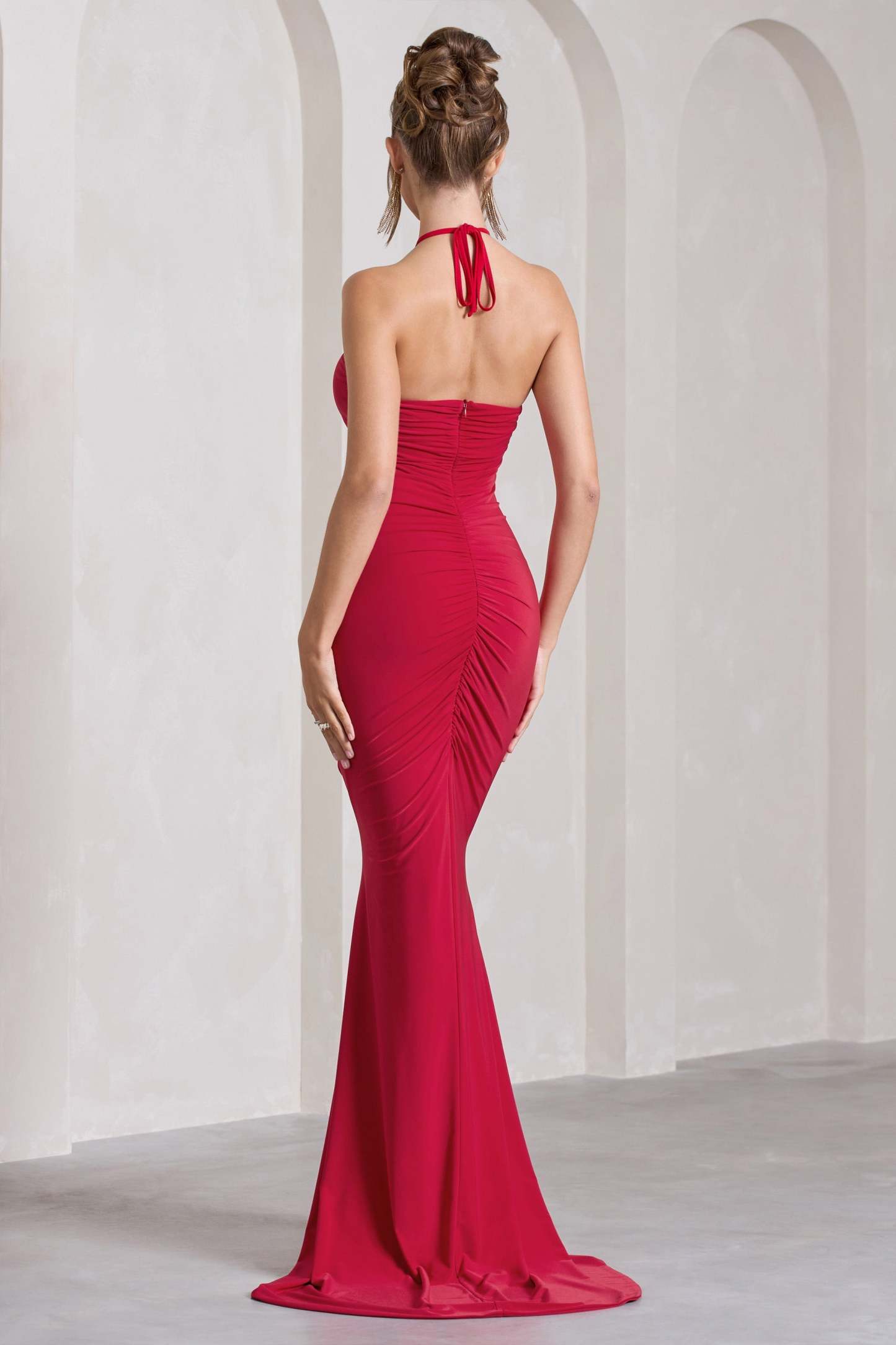 Holly Red Ruched Halter-Neck Split Fishtail Maxi Dress-Fashionmomo.All Rights Reserved