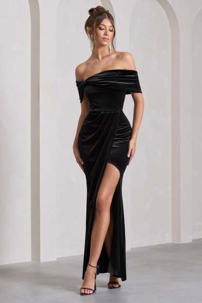 Blessing Black Velvet Bardot Wrap Maxi Dress-Fashionmomo.All Rights Reserved