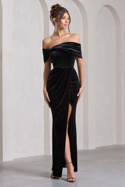 Blessing Black Velvet Bardot Wrap Maxi Dress-Fashionmomo.All Rights Reserved
