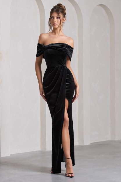 Blessing Black Velvet Bardot Wrap Maxi Dress-Fashionmomo.All Rights Reserved