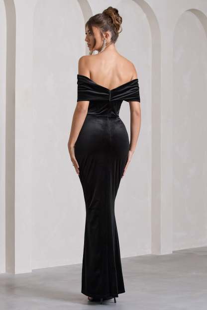 Blessing Black Velvet Bardot Wrap Maxi Dress-Fashionmomo.All Rights Reserved