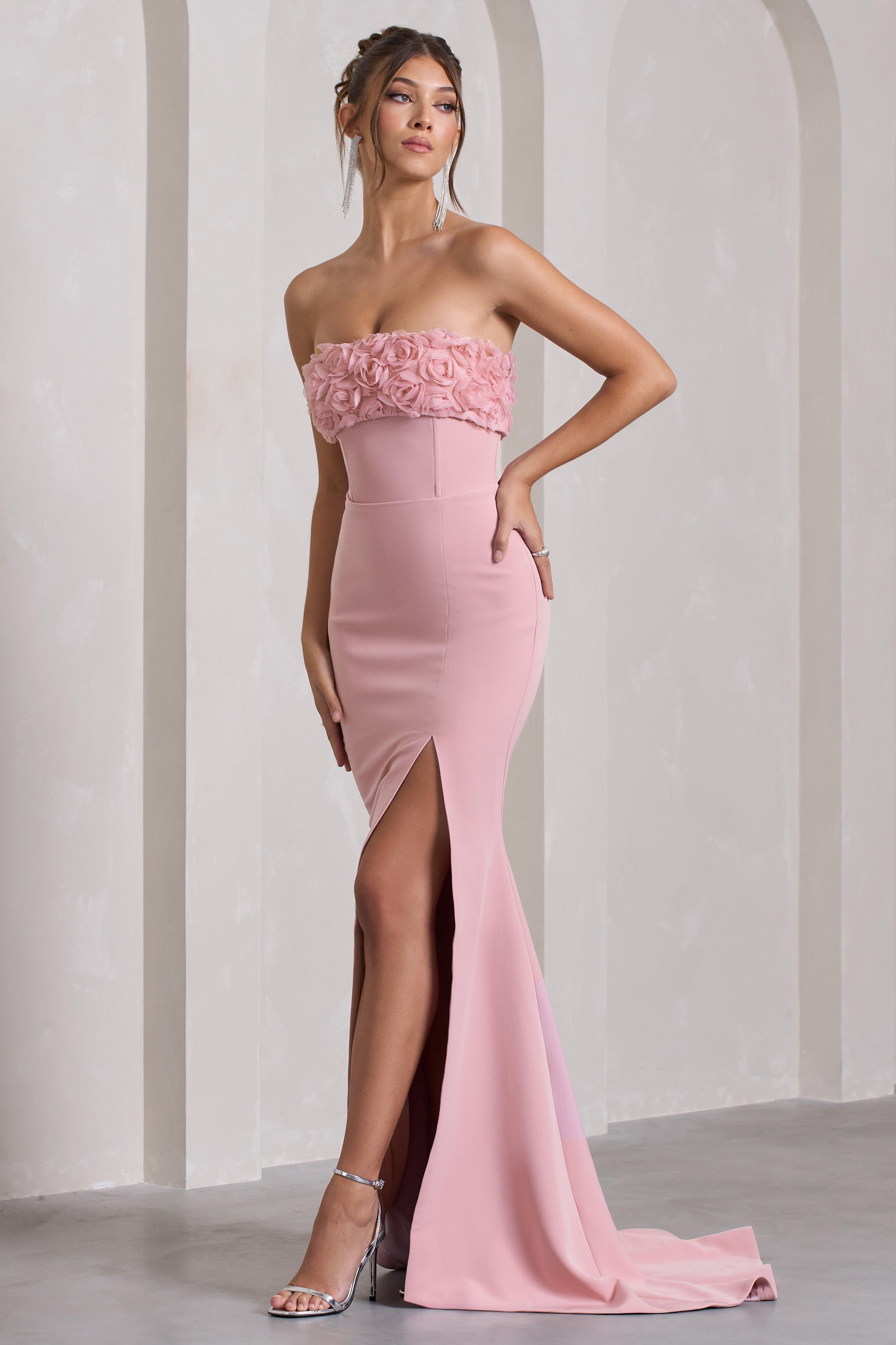 Allegra Pink Bandeau Split Fishtail Maxi Dress With Flowers-Fashionmomo.All Rights Reserved