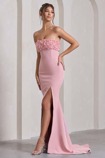 Allegra Pink Bandeau Split Fishtail Maxi Dress With Flowers-Fashionmomo.All Rights Reserved