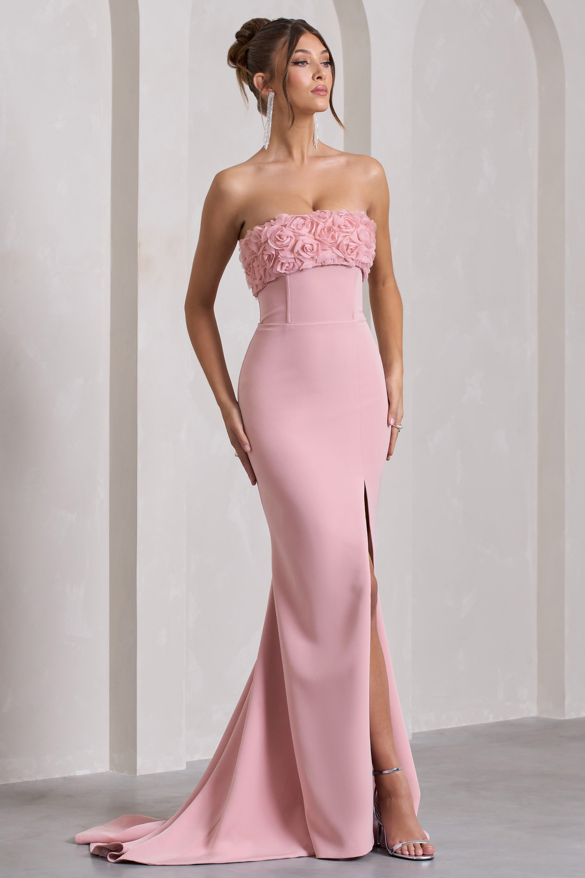 Allegra Pink Bandeau Split Fishtail Maxi Dress With Flowers-Fashionmomo.All Rights Reserved