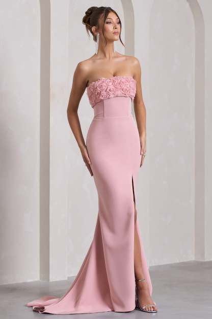 Allegra Pink Bandeau Split Fishtail Maxi Dress With Flowers-Fashionmomo.All Rights Reserved