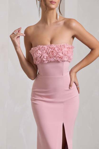Allegra Pink Bandeau Split Fishtail Maxi Dress With Flowers-Fashionmomo.All Rights Reserved