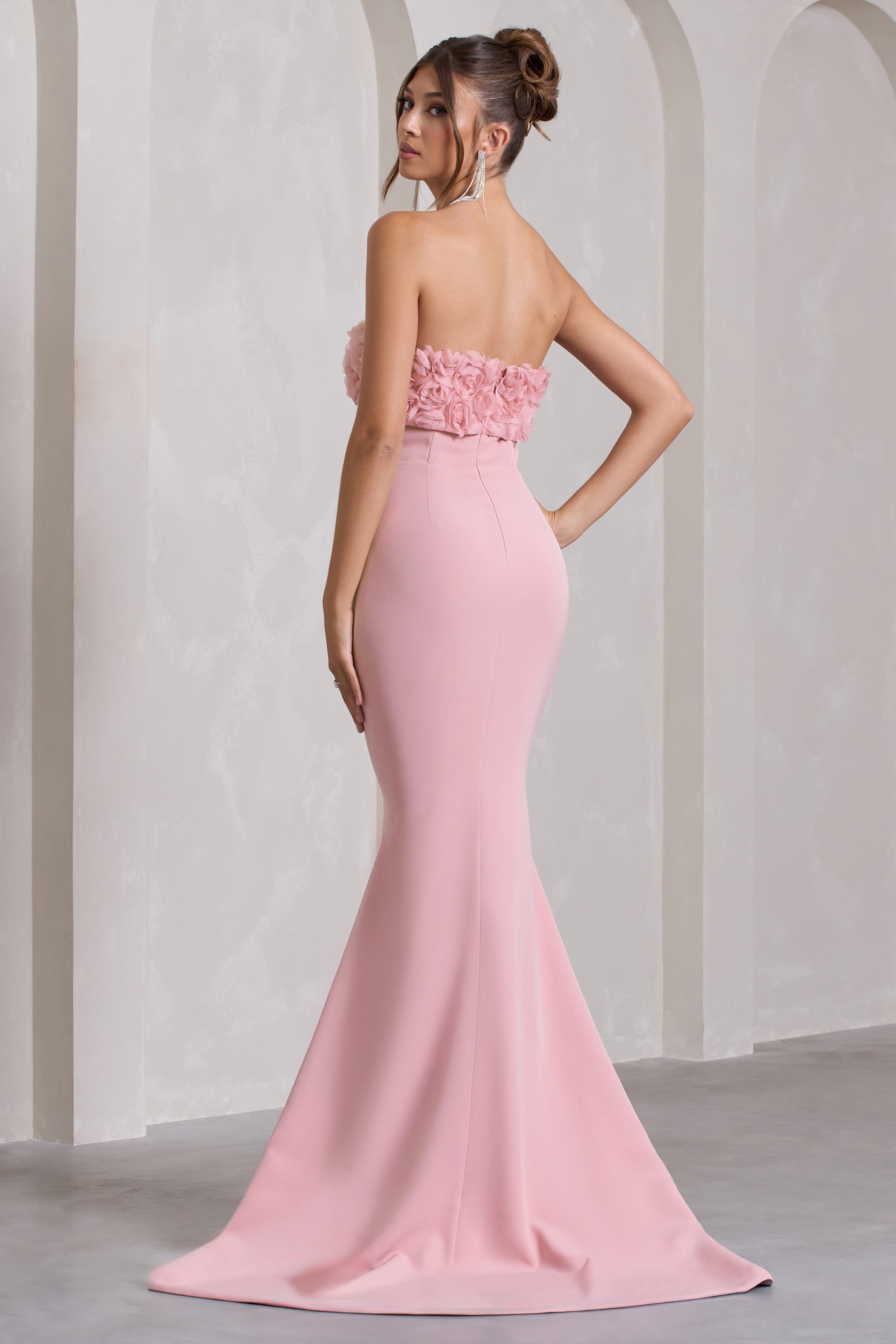 Allegra Pink Bandeau Split Fishtail Maxi Dress With Flowers-Fashionmomo.All Rights Reserved