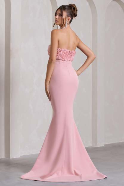 Allegra Pink Bandeau Split Fishtail Maxi Dress With Flowers-Fashionmomo.All Rights Reserved