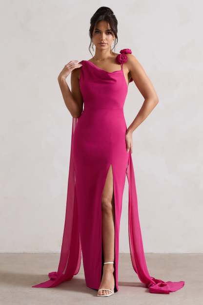 Angeline Dark Pink Chiffon Draped Split Maxi Dress With Corsages-Fashionmomo.All Rights Reserved
