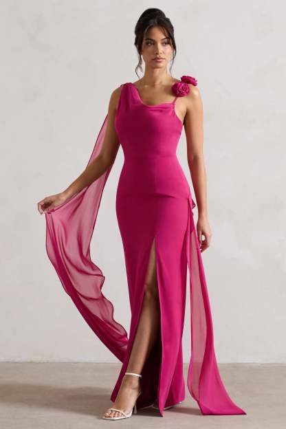 Angeline Dark Pink Chiffon Draped Split Maxi Dress With Corsages-Fashionmomo.All Rights Reserved