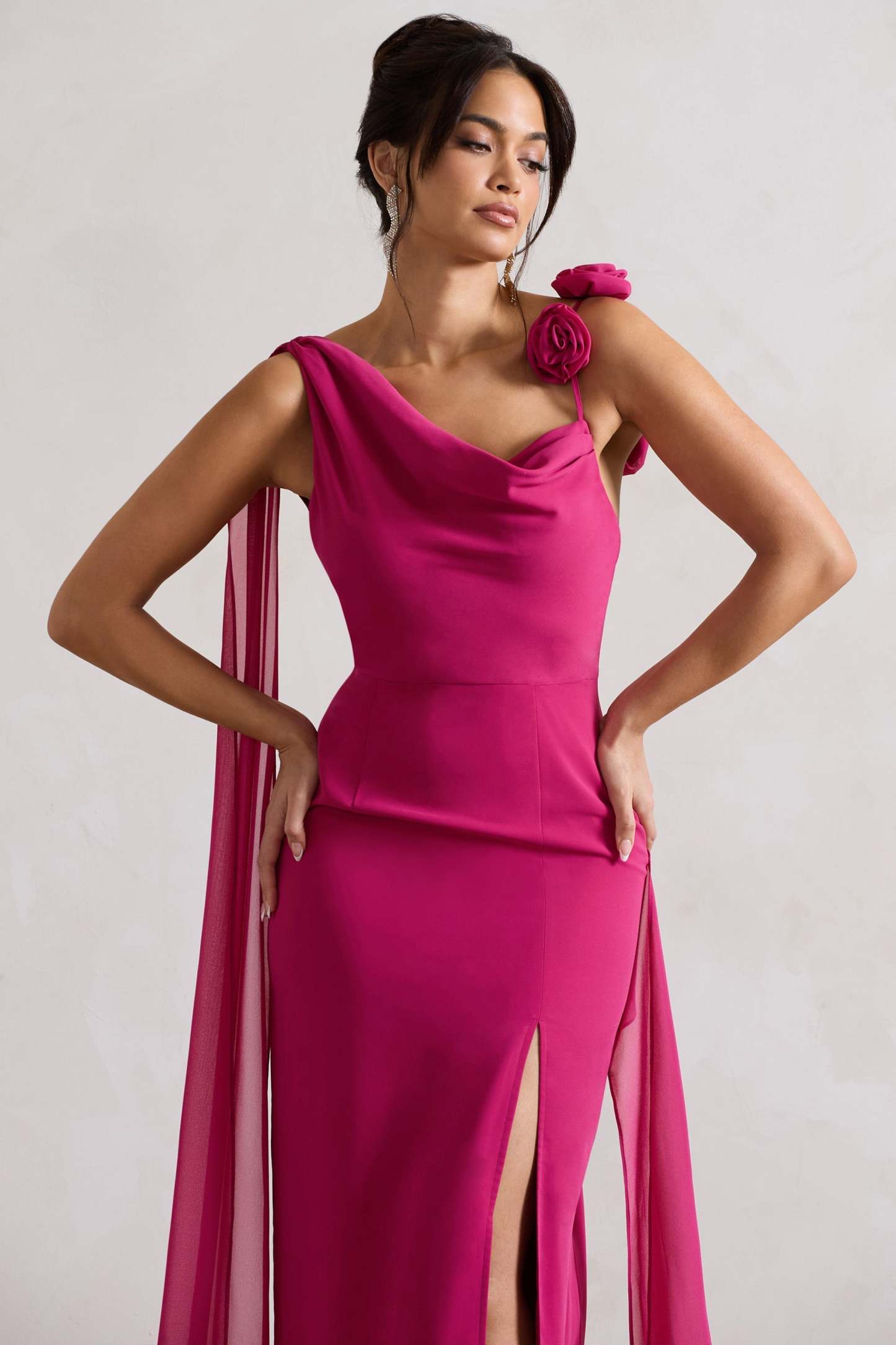 Angeline Dark Pink Chiffon Draped Split Maxi Dress With Corsages-Fashionmomo.All Rights Reserved