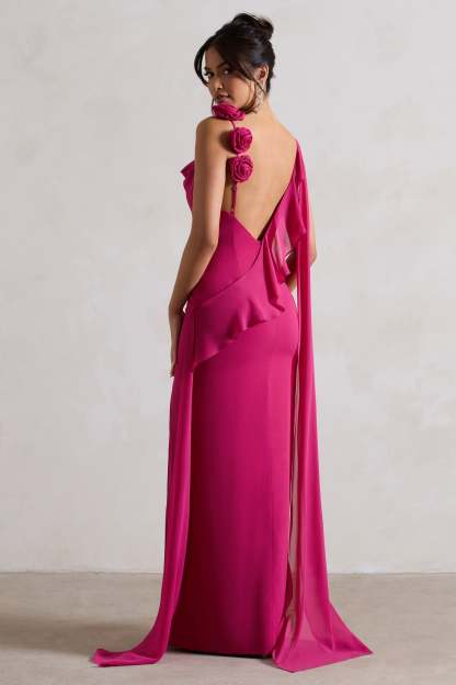 Angeline Dark Pink Chiffon Draped Split Maxi Dress With Corsages-Fashionmomo.All Rights Reserved