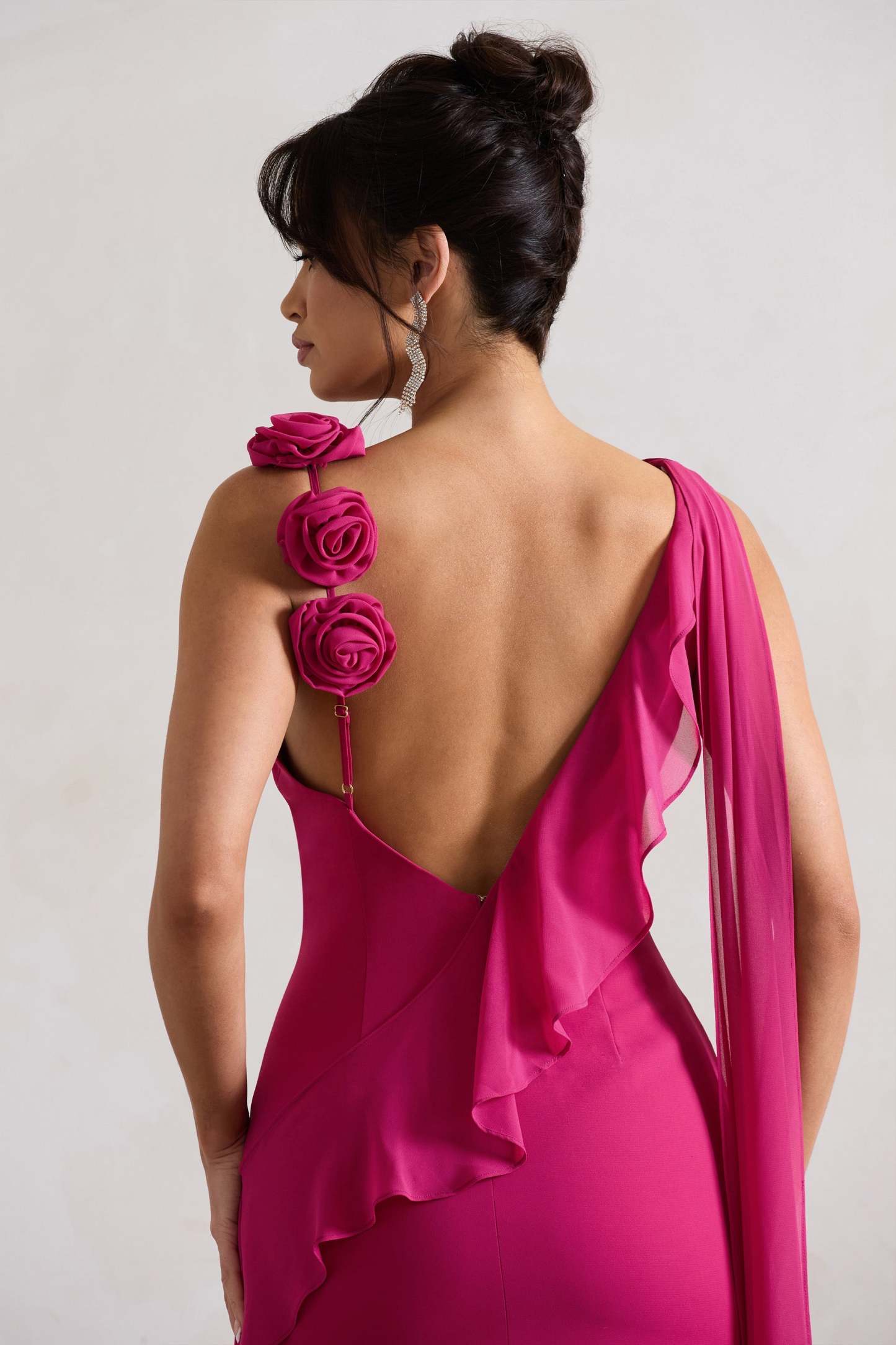 Angeline Dark Pink Chiffon Draped Split Maxi Dress With Corsages-Fashionmomo.All Rights Reserved