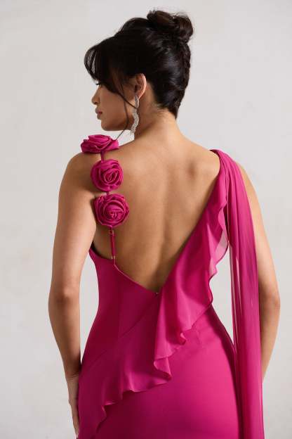Angeline Dark Pink Chiffon Draped Split Maxi Dress With Corsages-Fashionmomo.All Rights Reserved