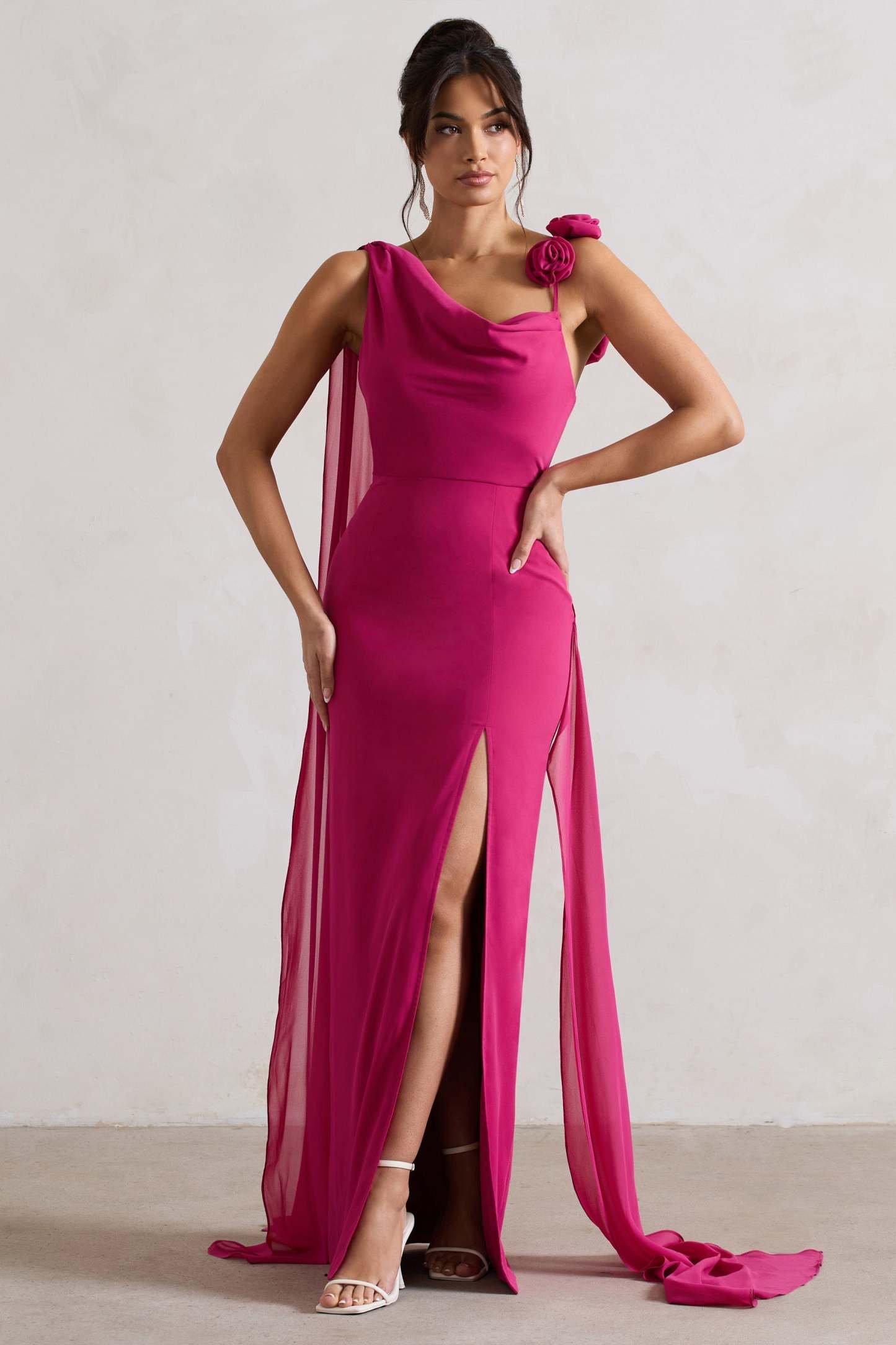 Angeline Dark Pink Chiffon Draped Split Maxi Dress With Corsages-Fashionmomo.All Rights Reserved