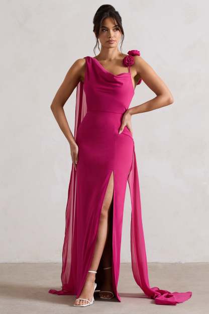 Angeline Dark Pink Chiffon Draped Split Maxi Dress With Corsages-Fashionmomo.All Rights Reserved