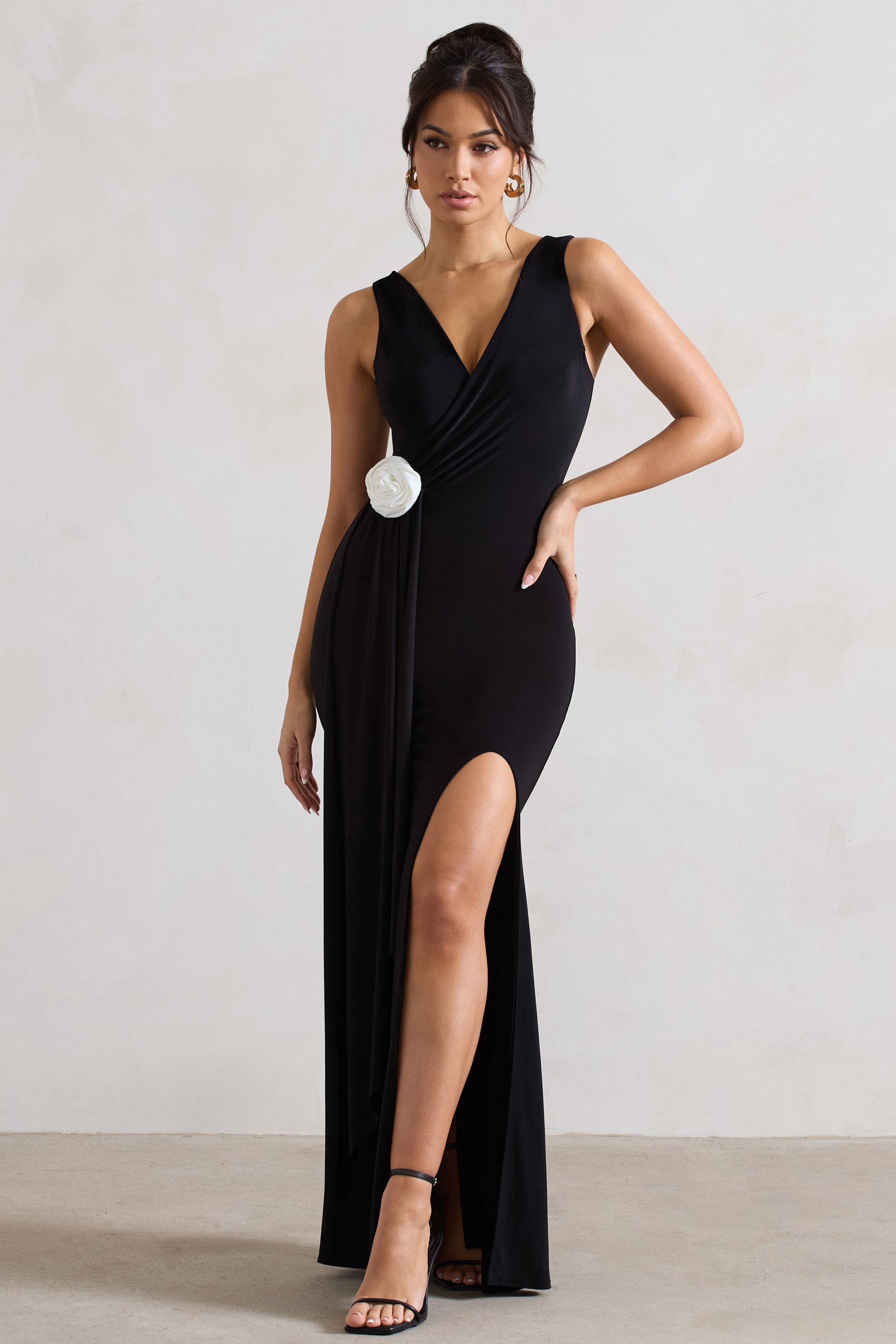 Endora Black Split Maxi Dress With Corsage & Drape-Fashionmomo.All Rights Reserved