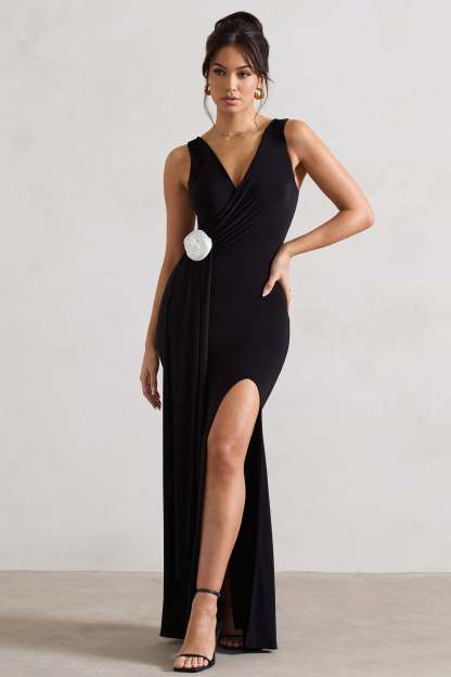 Endora Black Split Maxi Dress With Corsage & Drape-Fashionmomo.All Rights Reserved