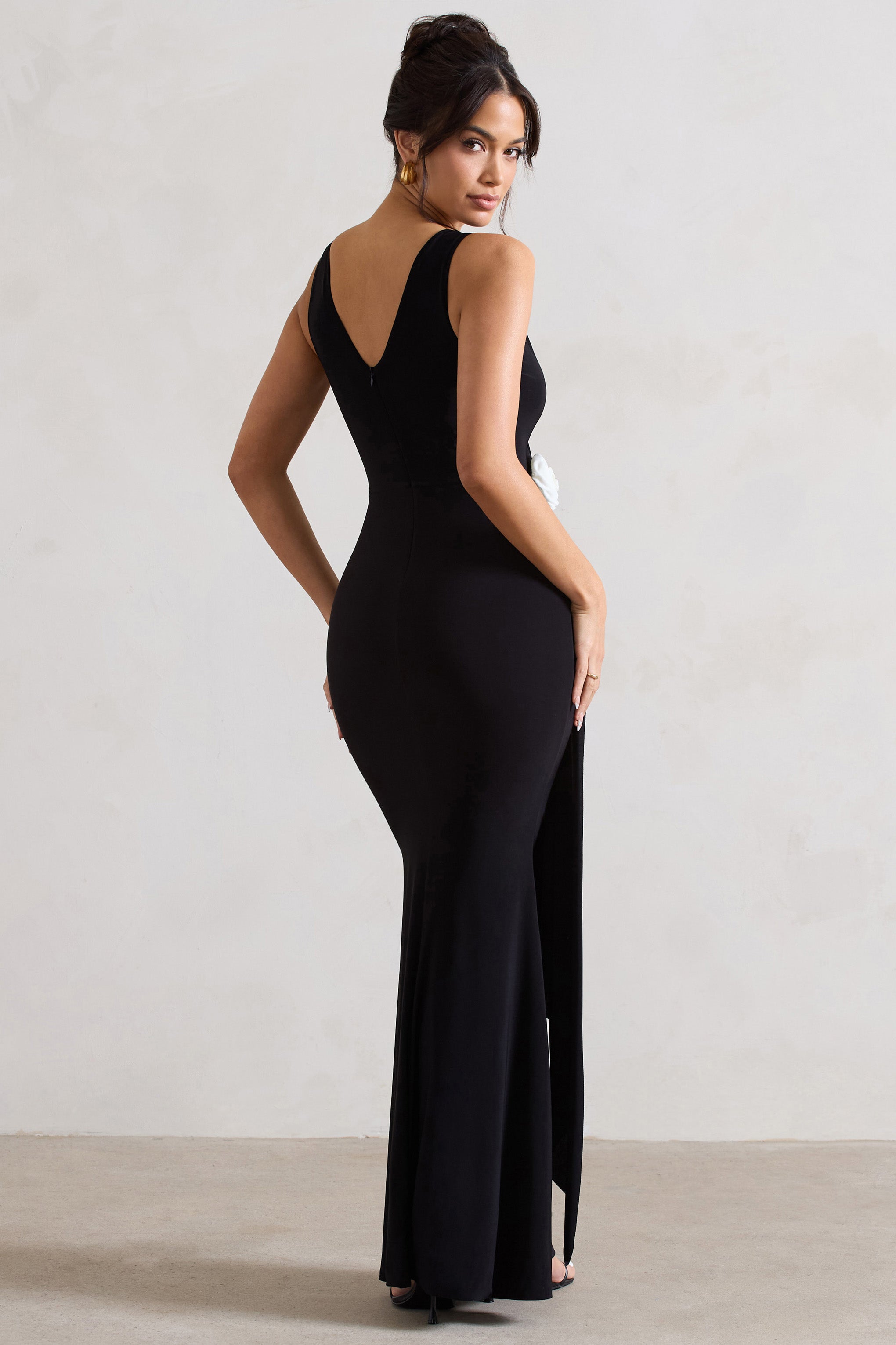 Endora Black Split Maxi Dress With Corsage & Drape-Fashionmomo.All Rights Reserved