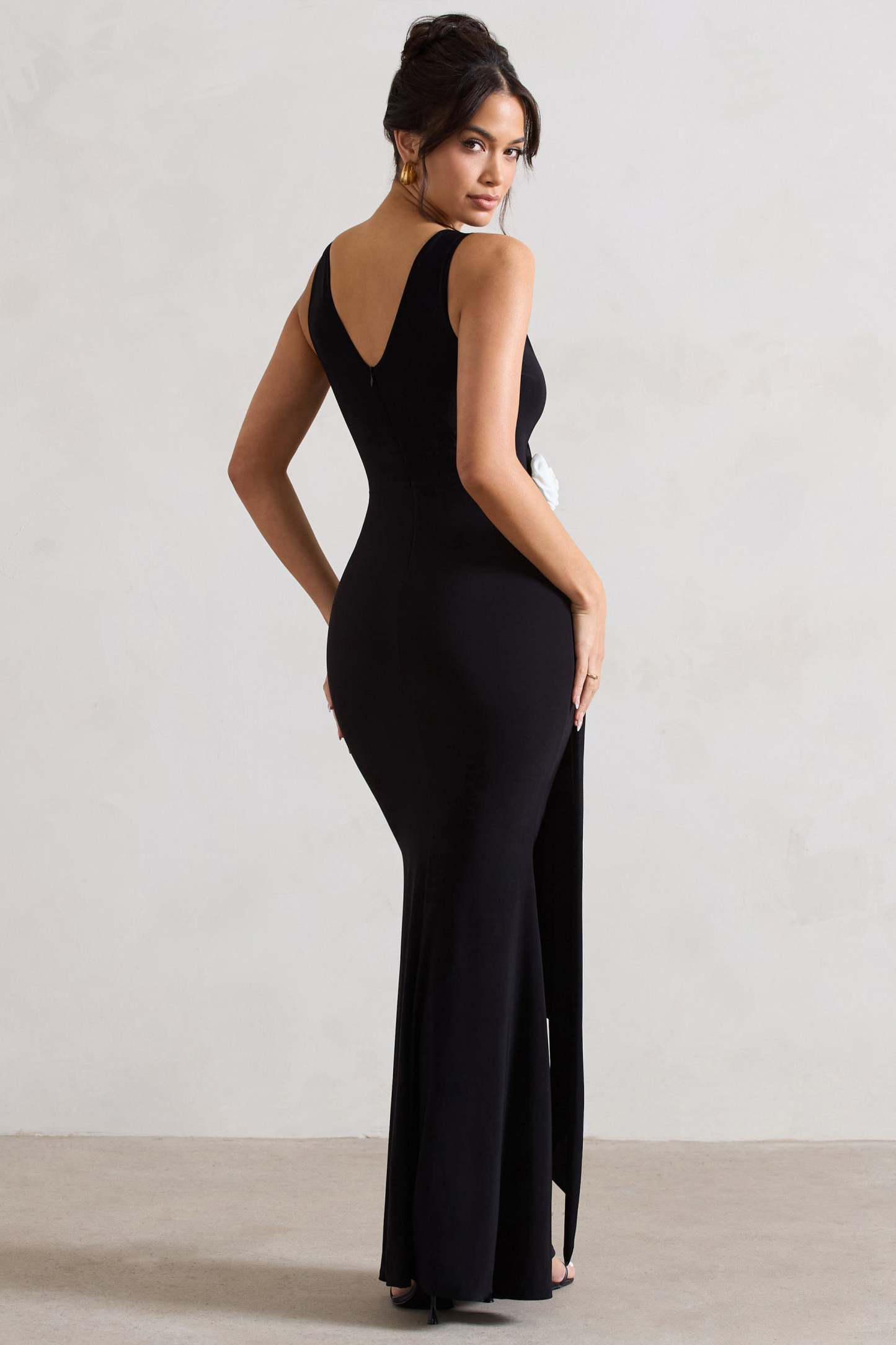 Endora Black Split Maxi Dress With Corsage & Drape-Fashionmomo.All Rights Reserved