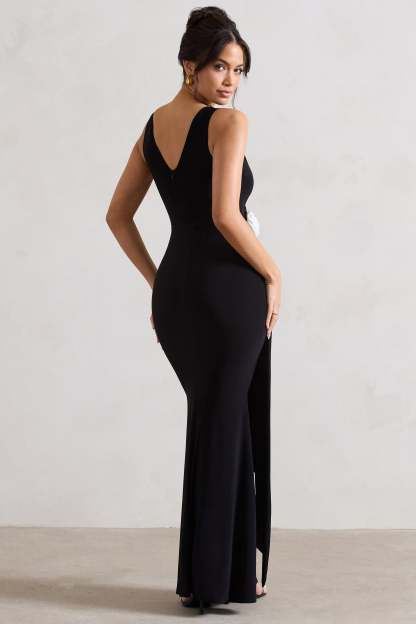 Endora Black Split Maxi Dress With Corsage & Drape-Fashionmomo.All Rights Reserved